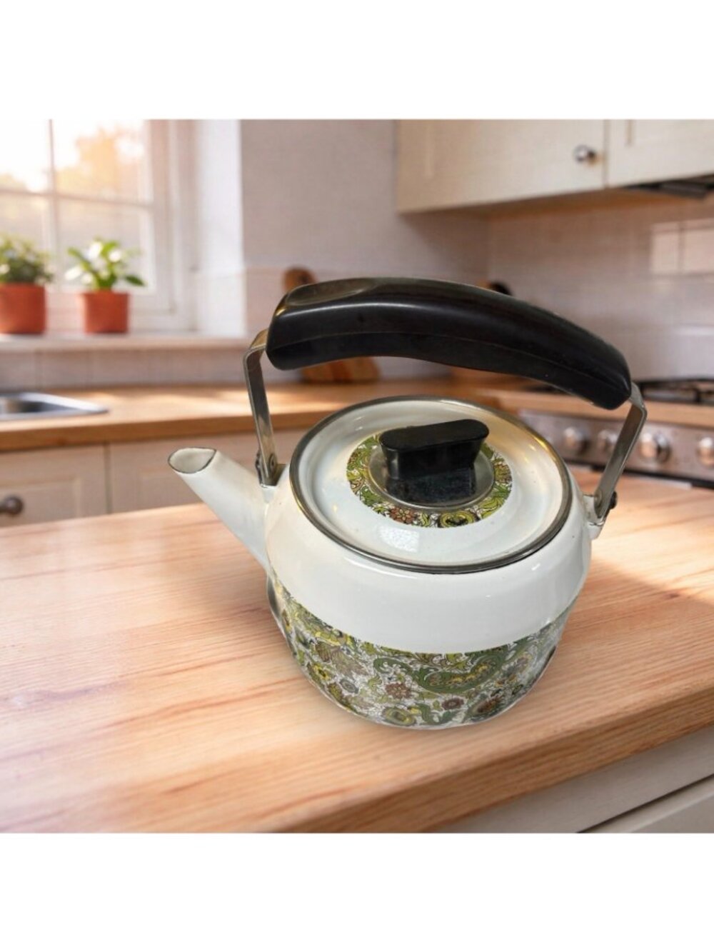 Vintage 1970s Paisley Enamel Tea Kettle With Swing Handle w Lid Green White MCM - Picture 3 of 5